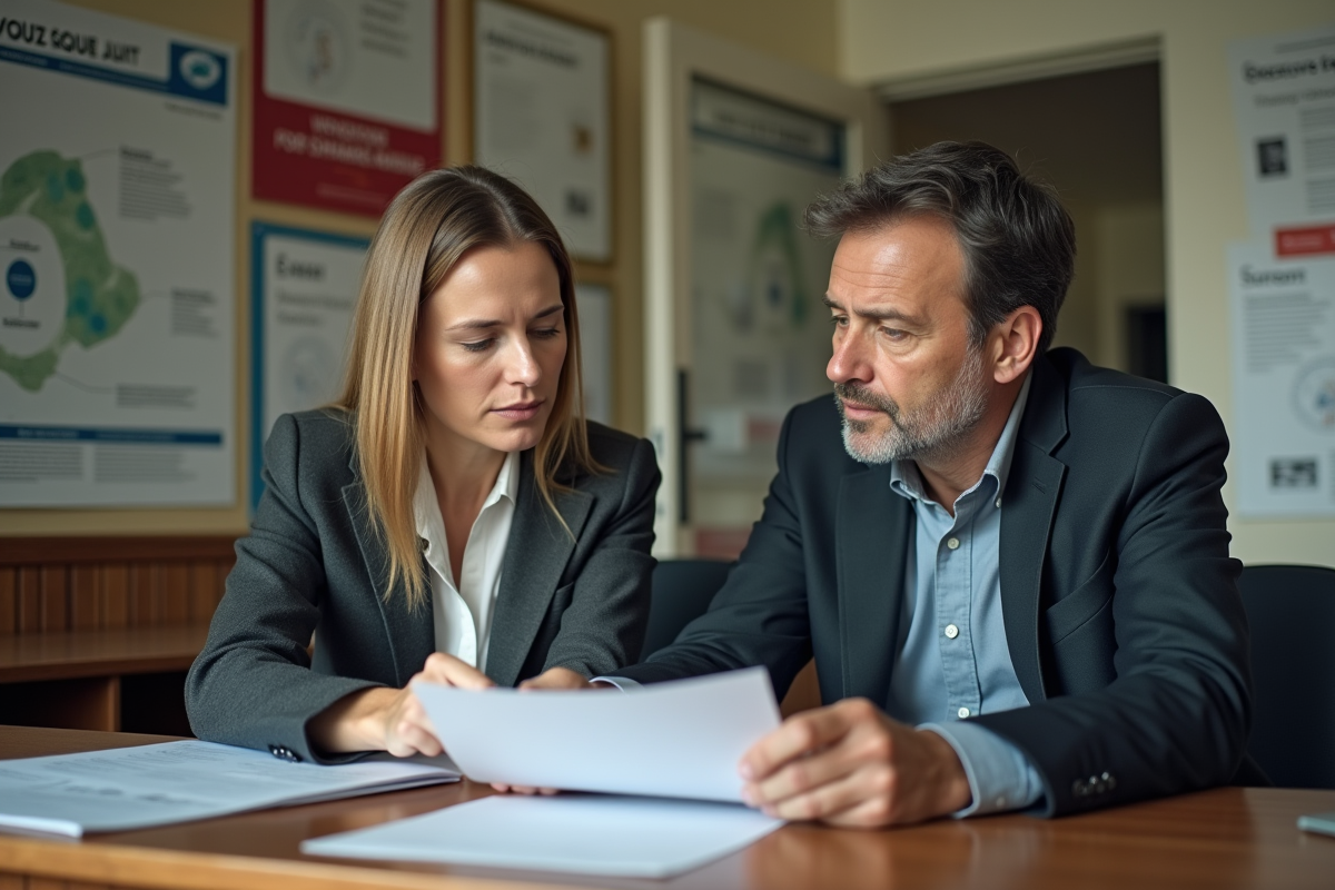 Homme et femme discutant de documents en bureau
