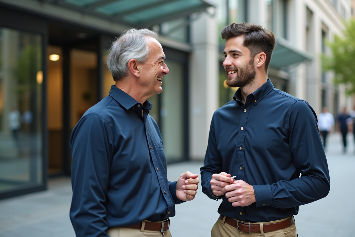 Jeune homme discutant avec un mentor devant un bâtiment moderne