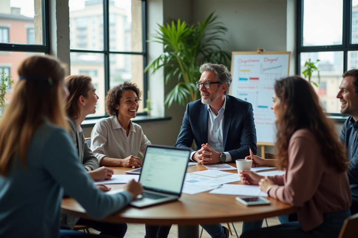 Groupe de jeunes en discussion dans un espace de coworking dynamique