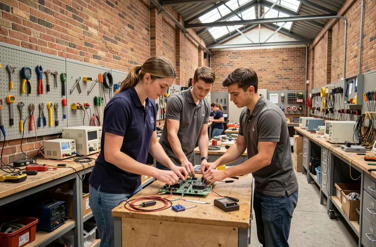 Groupe d'étudiants de l'ECAM LaSalle Lyon assemblant un circuit électronique dans un atelier de génie électrique équipé d'outils professionnels