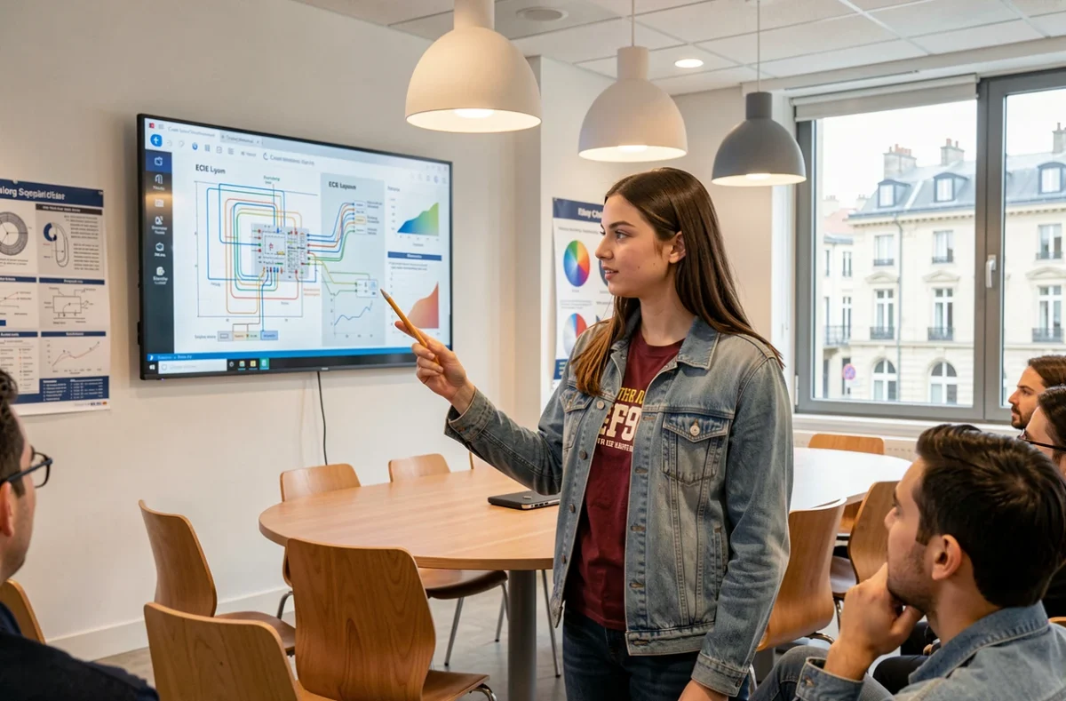 Étudiante de l'ECE Lyon présentant un projet technique sur un tableau numérique interactif dans une salle de séminaire moderne