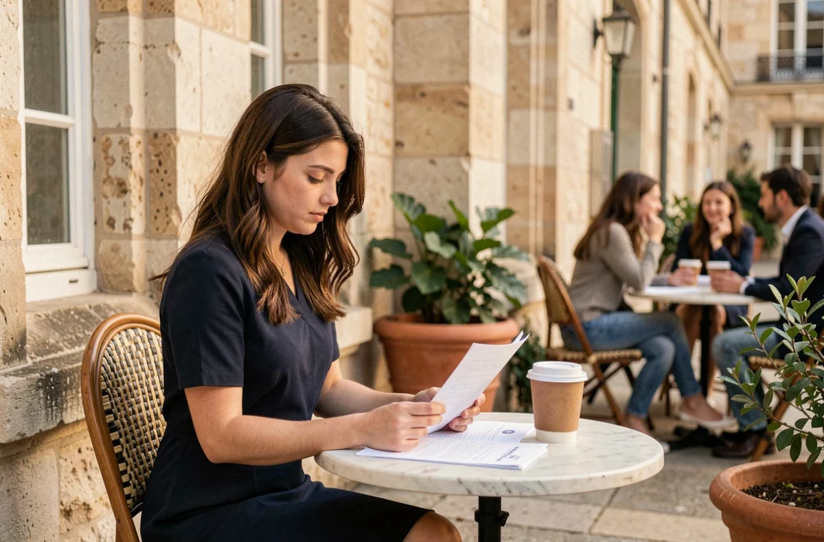 Étudiante de l'École Grandjean révisant ses cours à une table extérieure devant un bâtiment en pierre historique