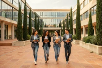 Étudiants en école de commerce marchant sur un campus universitaire moderne en Occitanie