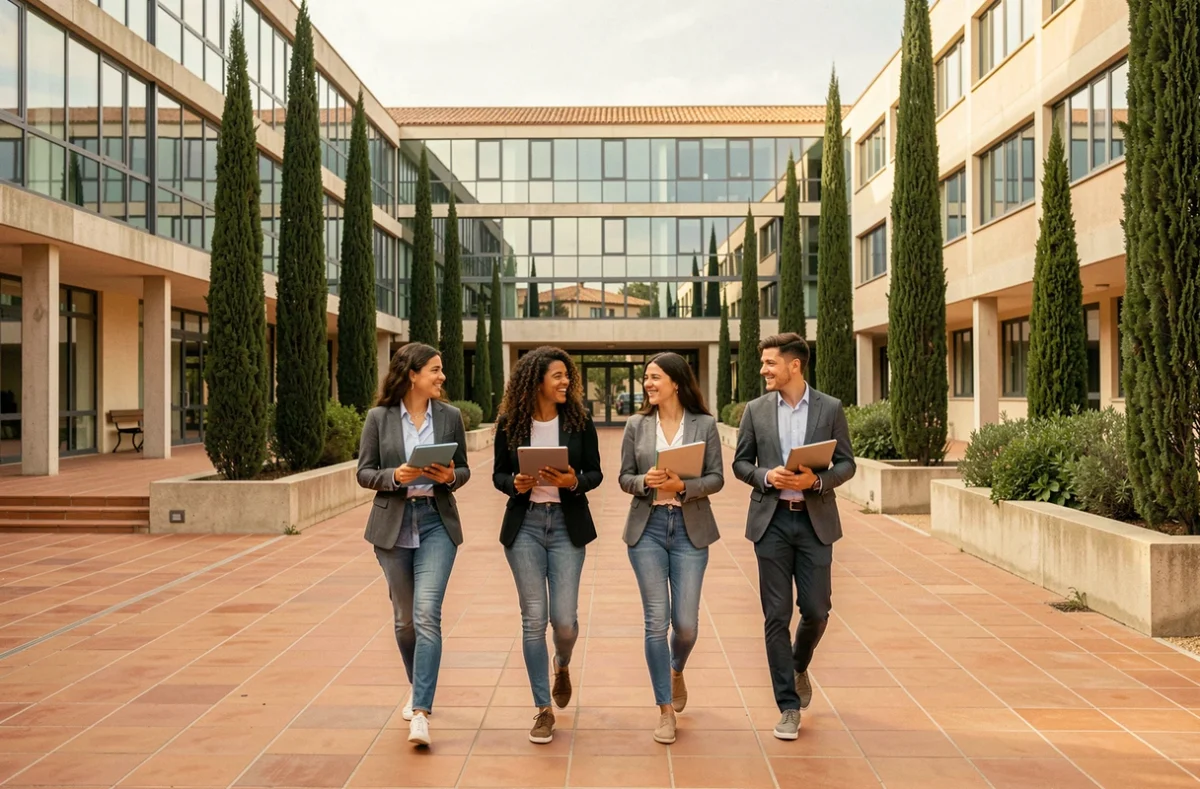 Étudiants en école de commerce marchant sur un campus universitaire moderne en Occitanie