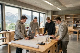 Étudiants en école d'ingénieurs en Auvergne-Rhône-Alpes collaborant autour de maquettes et plans techniques dans un laboratoire universitaire moderne