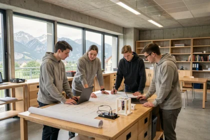 Étudiants en école d'ingénieurs en Auvergne-Rhône-Alpes collaborant autour de maquettes et plans techniques dans un laboratoire universitaire moderne