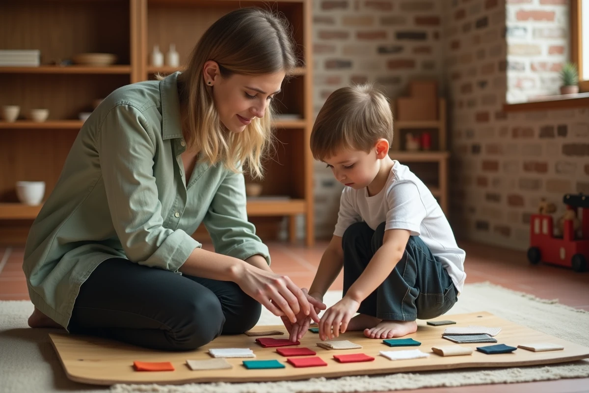 Éducatrice Montessori guidant un enfant dans un exercice de correspondance de couleurs avec des tissus colorés