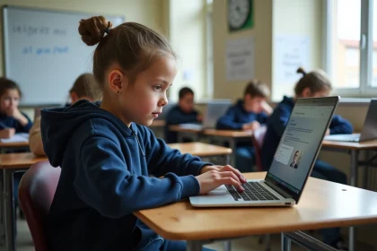 Élève de collège de l'Aisne utilisant l'ENT sur un ordinateur portable en classe