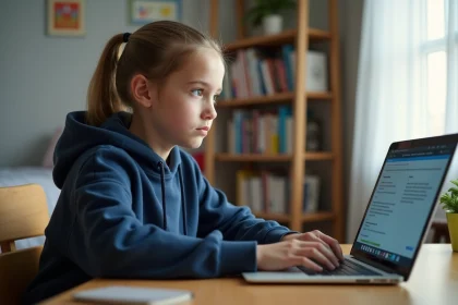 Élève de collège utilisant l'ENT sur un ordinateur portable dans sa chambre pour accéder à ses cours en ligne