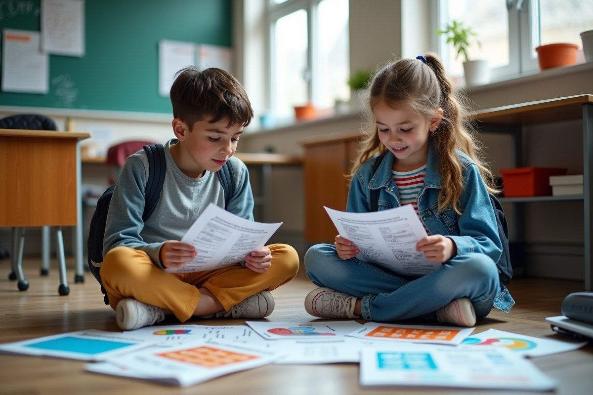Deux lycéens jouent avec des fiches et jeux éducatifs au sol