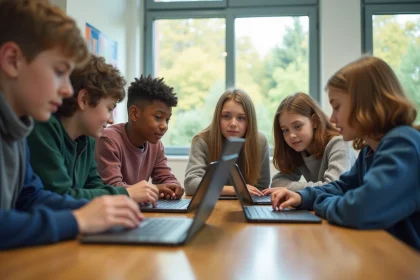Jeunes collégiens français utilisant tablettes en classe