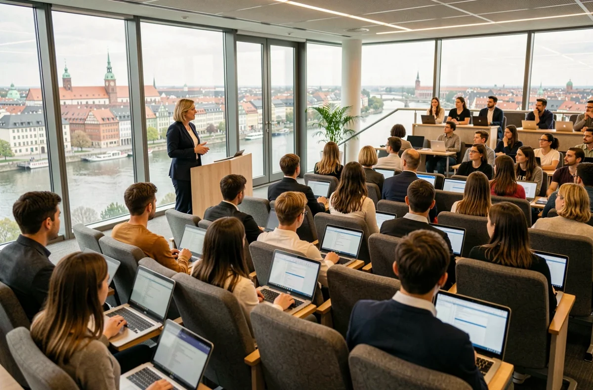 Amphithéâtre de l'EM Strasbourg Business School avec une professeure donnant un cours à des étudiants en gestion