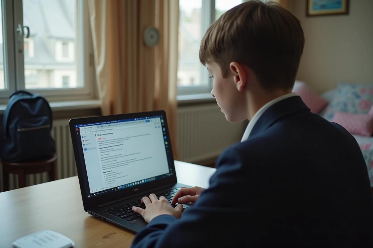 Un élève adolescent à son bureau à la maison sur le point de cliquer sur un lien dans un e-mail suspect ouvert sur son ordinateur portable, illustrant le risque d'ignorer les signaux d'un phishing reçu via la messagerie ENT.