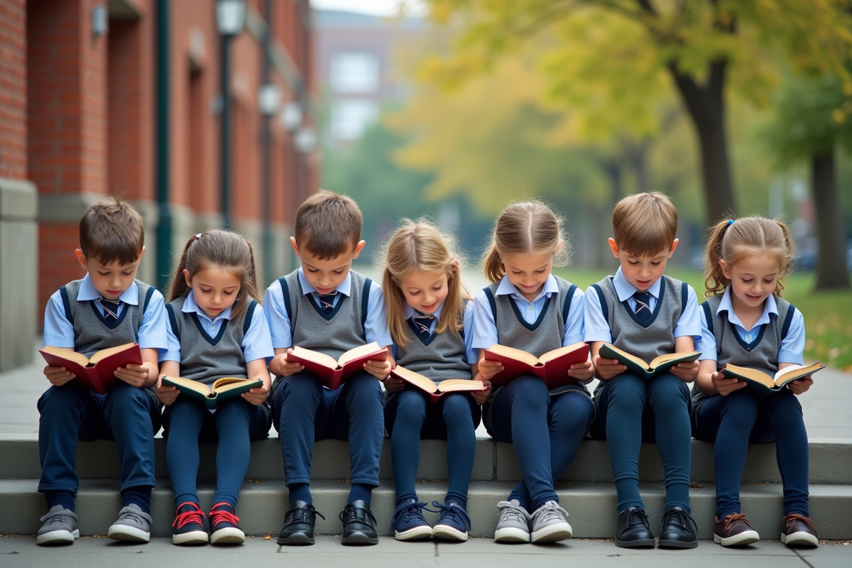 Enfants lisant des livres sur les marches d
