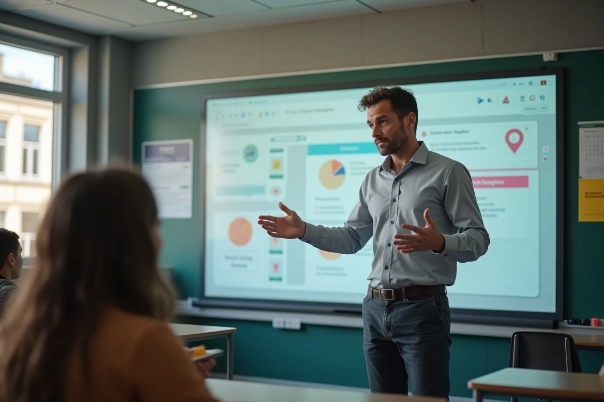 Enseignant présentant la plateforme numérique neo ou ENT à ses élèves dans un lycée de l'Aisne