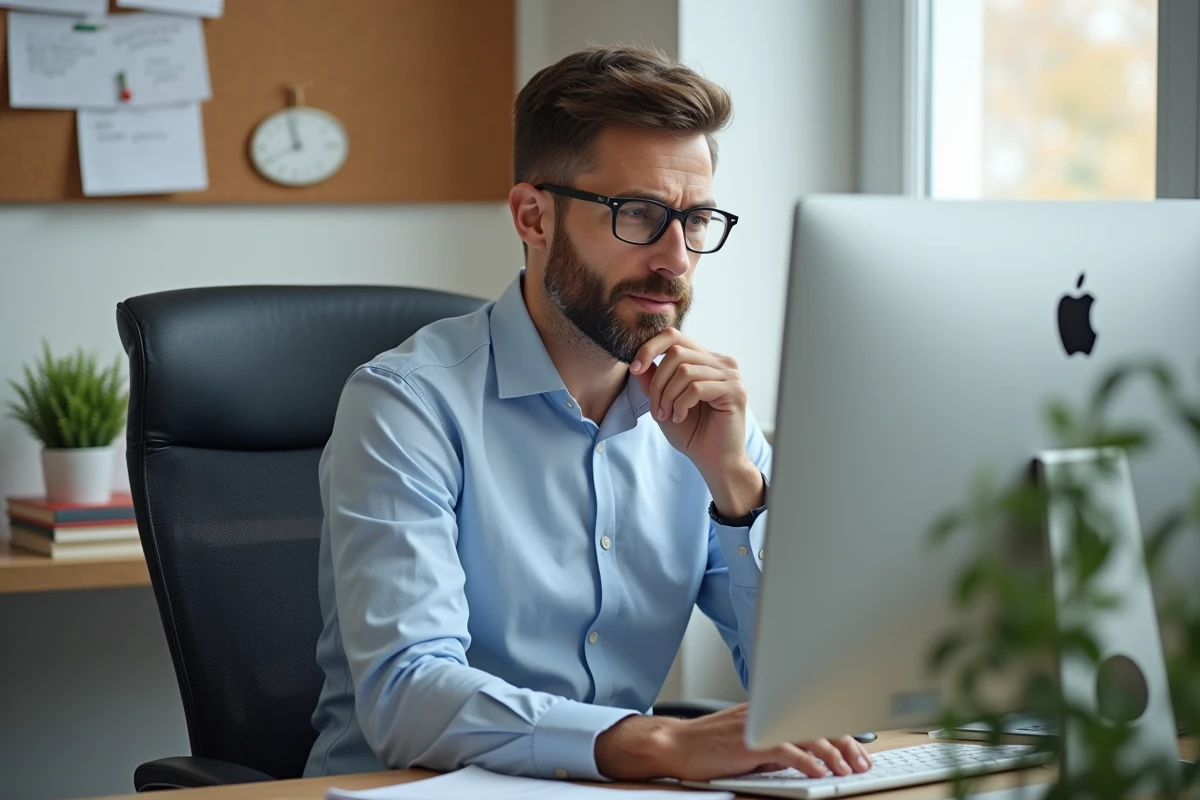 Professeur en train de r&eacute;diger un message dans son bureau