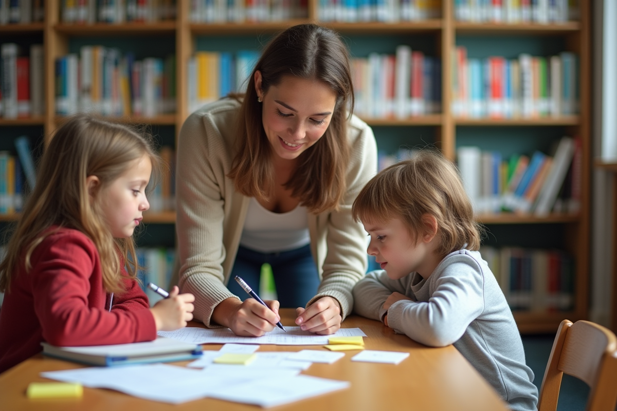 Professeure guidant deux élèves dans une bibliothèque scolaire