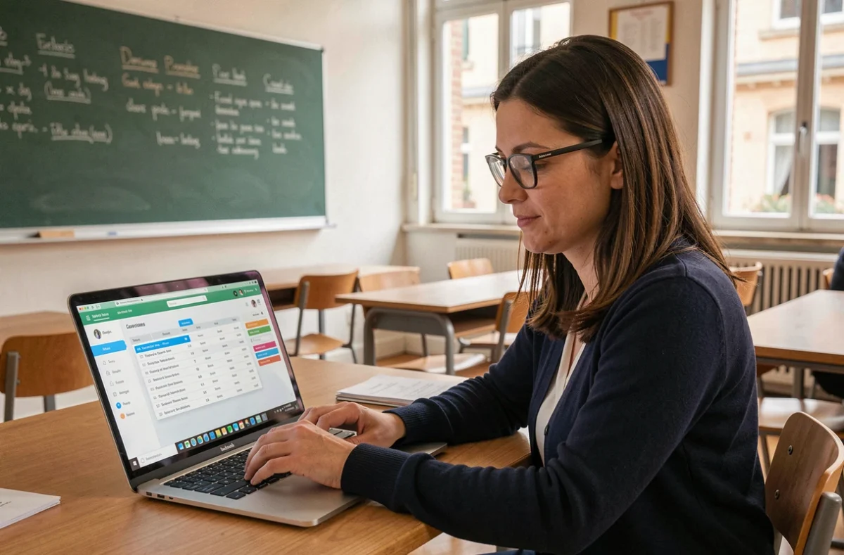 Enseignante utilisant la plateforme Edu Normandie sur son ordinateur pour le suivi de classe