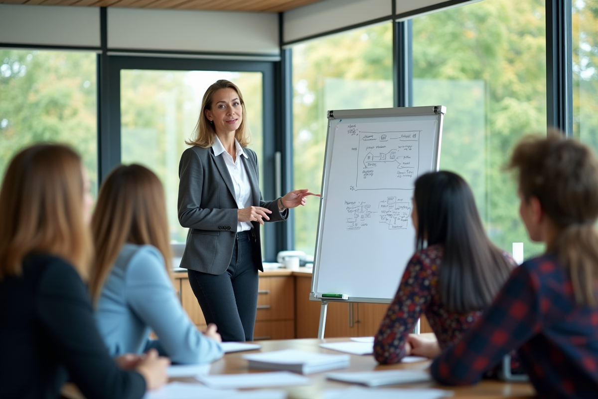 Professeure en formation avec étudiants dans une salle lumineuse