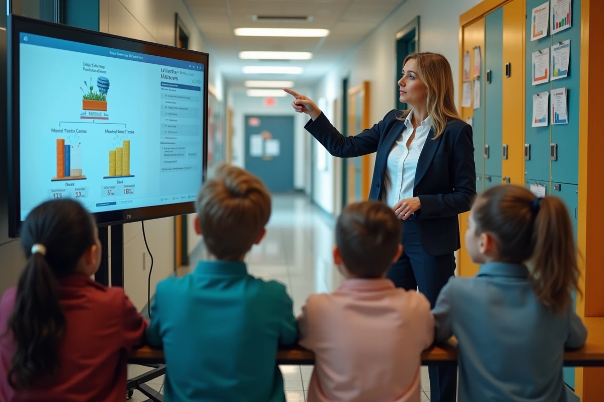 Professeure montrant logiciel éducatif dans le couloir