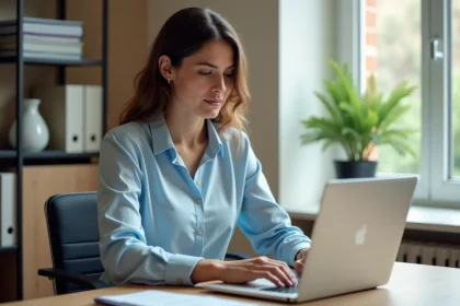 Enseignante utilisant une plateforme numérique académique sur son ordinateur portable dans une salle administrative d'école