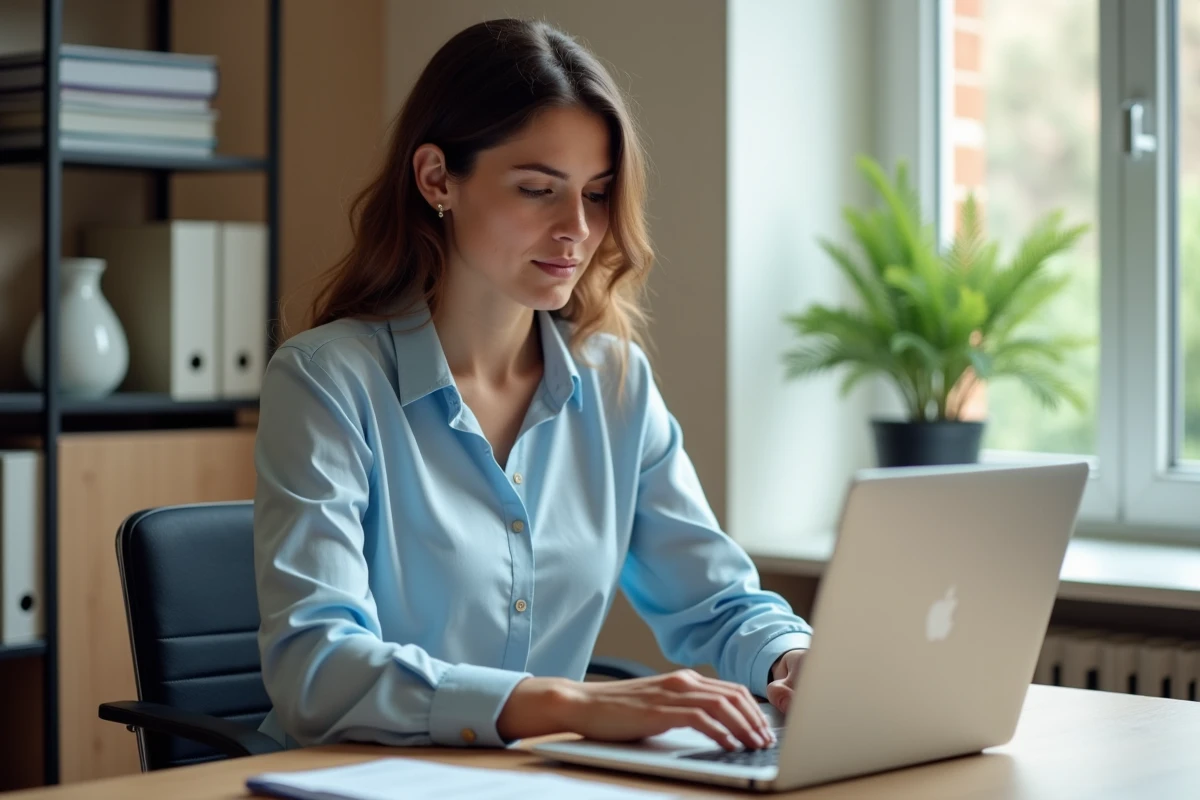 Enseignante utilisant une plateforme numérique académique sur son ordinateur portable dans une salle administrative d'école