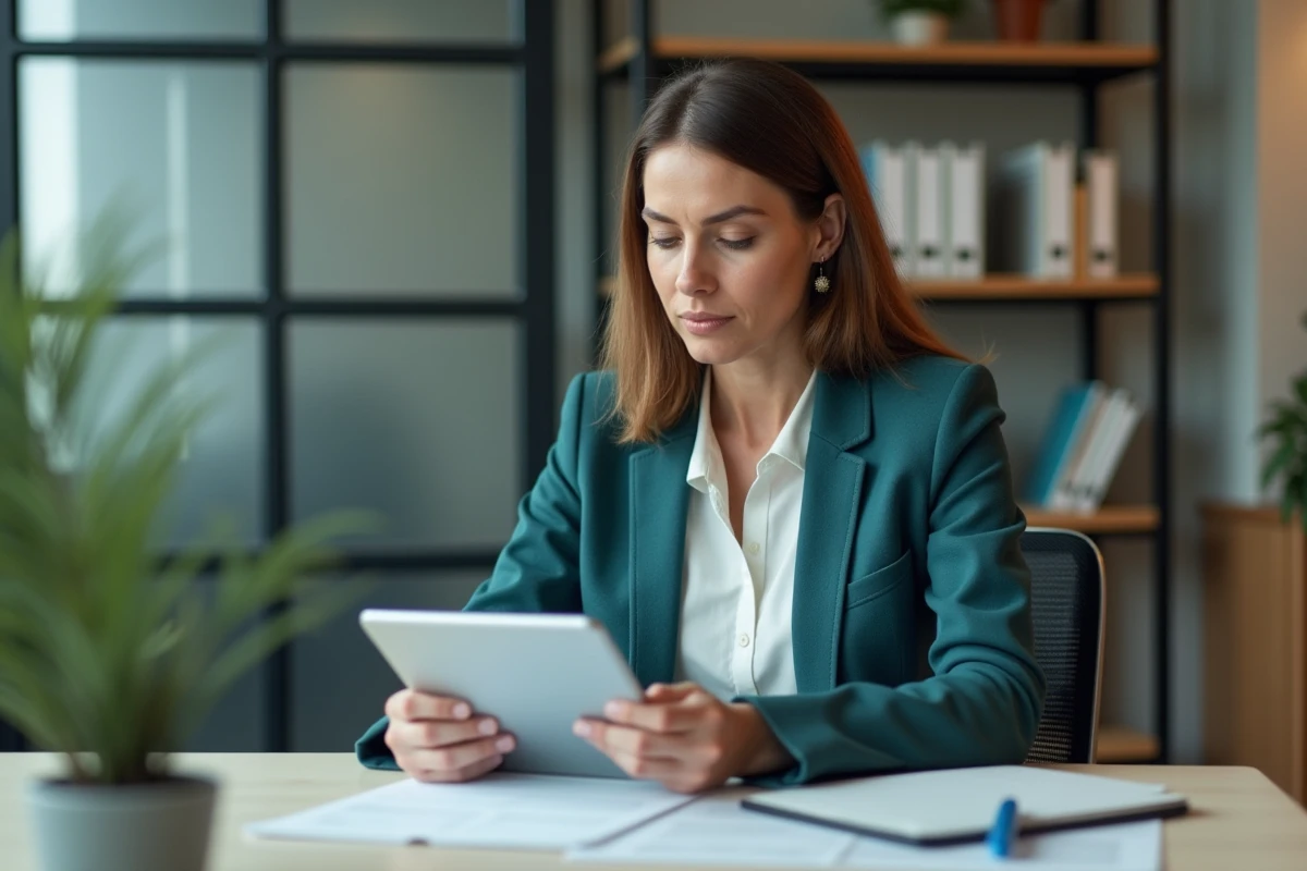 Enseignante consultant les rapports individuels de performance étudiante sur une tablette dans un bureau scolaire administratif