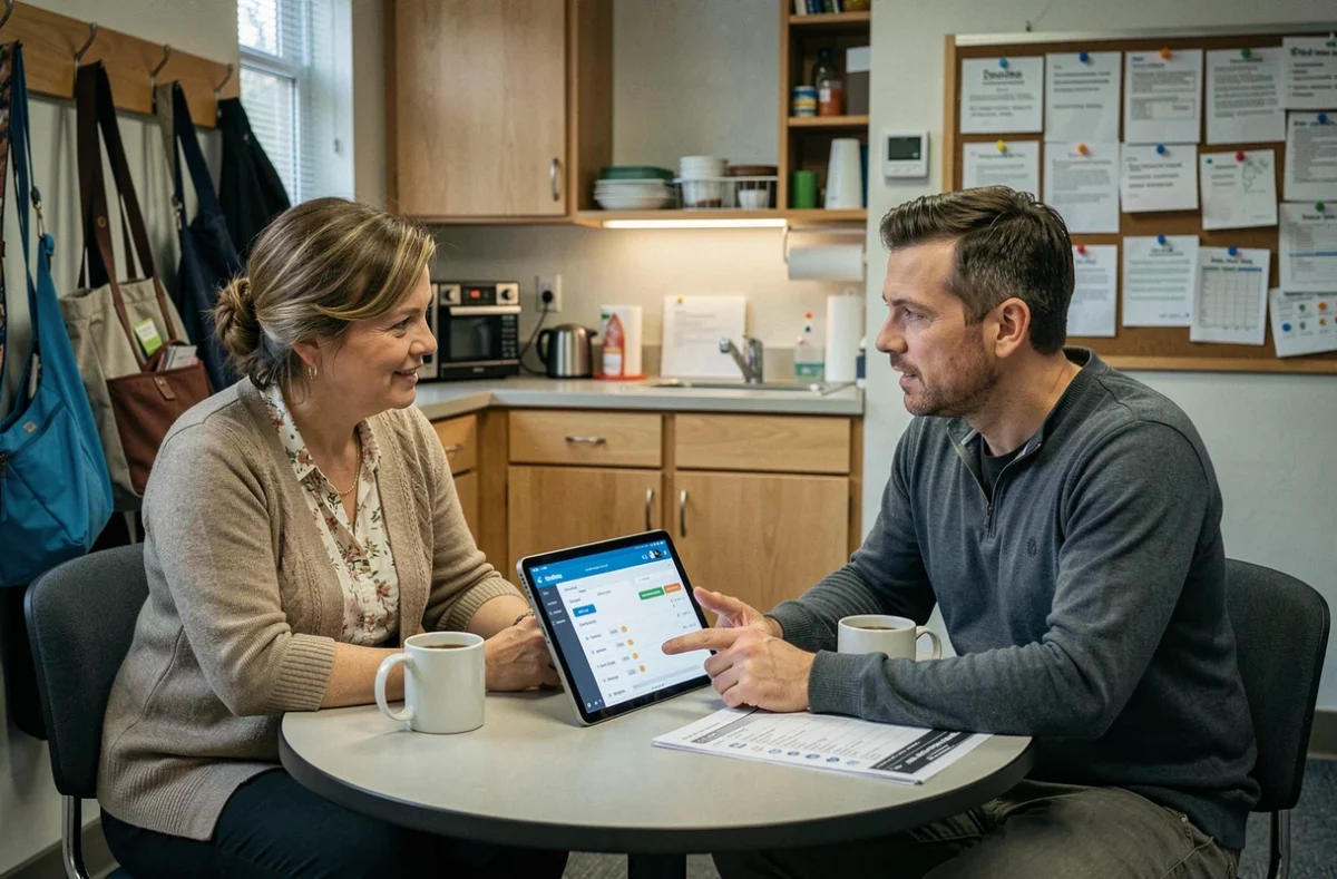 Deux enseignants collaborant sur une tablette avec la plateforme Edu Normandie dans la salle des professeurs