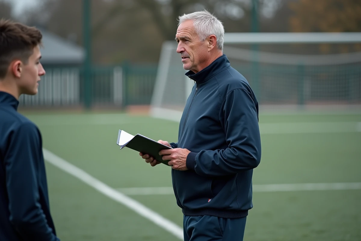 Entraîneur de club amateur discutant tactique avec un jeune joueur en bord de terrain, symbolisant l'accompagnement des talents issus de petits clubs