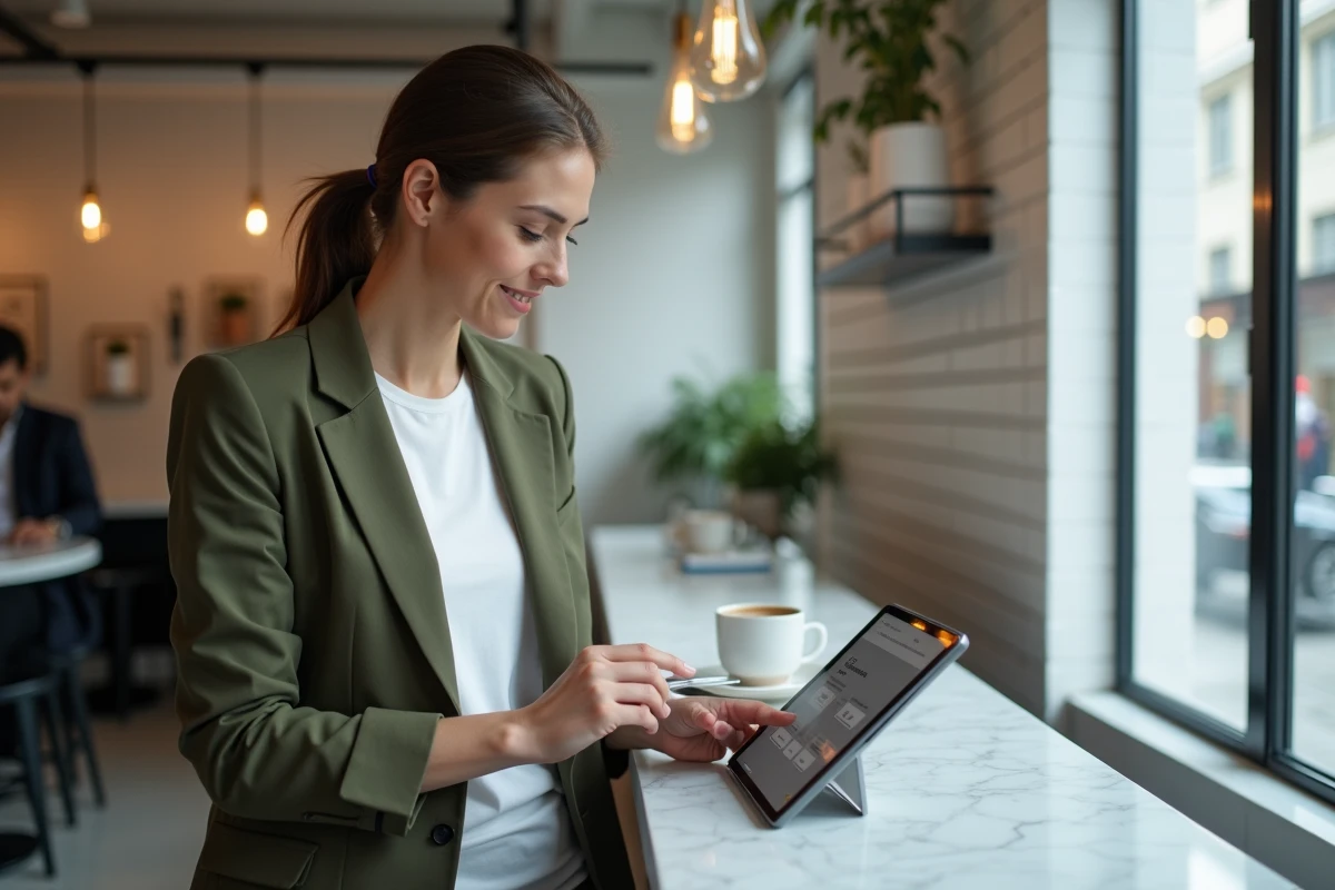 Entrepreneur consultant abonnement marketing digital sur tablette dans un café urbain moderne