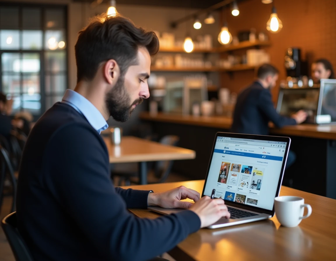 Entrepreneur pressé utilisant Canva dans un café urbain, laptop ouvert sur un tableau de bord de création graphique