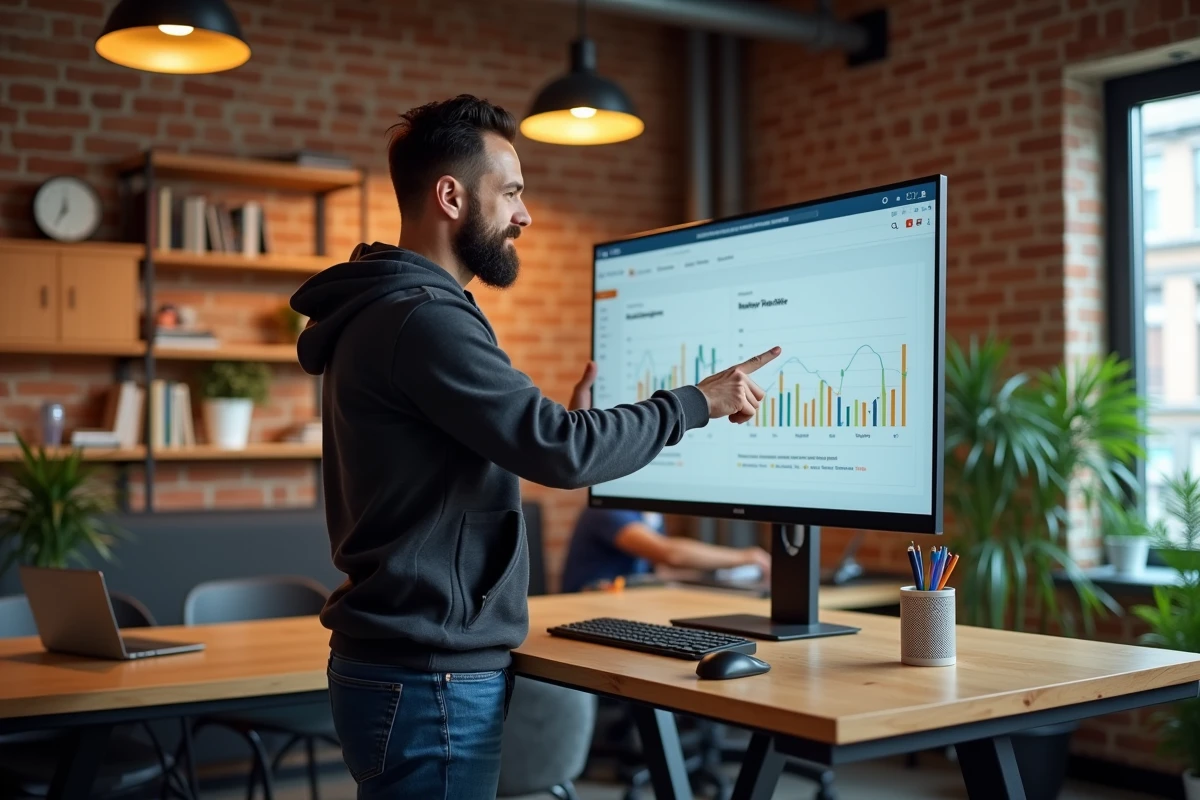 Entrepreneur debout dans un espace de coworking consultant un logiciel de newsletter pour optimiser ses ventes en ligne