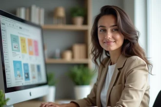 Entrepreneuse suivant une formation Canva en ligne depuis son bureau à domicile, écran affichant des templates graphiques colorés