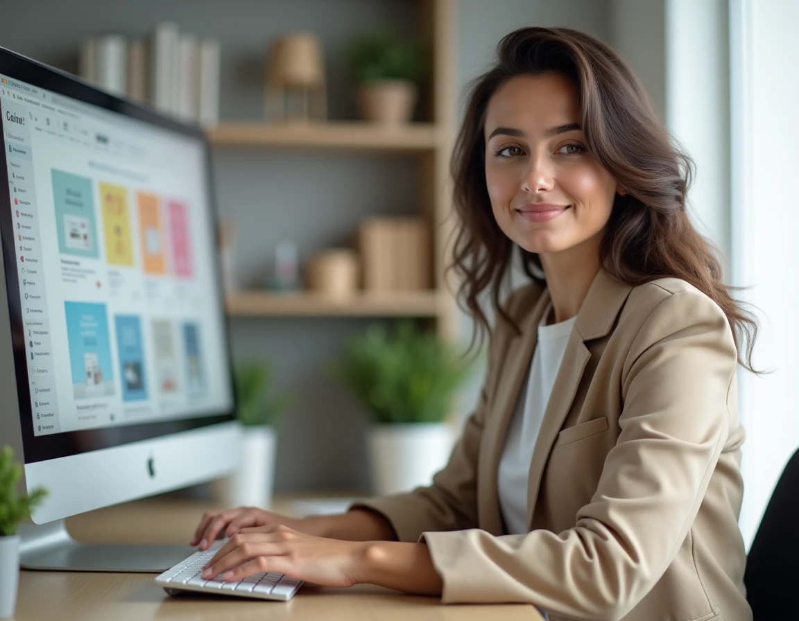 Entrepreneuse suivant une formation Canva en ligne depuis son bureau à domicile, écran affichant des templates graphiques colorés