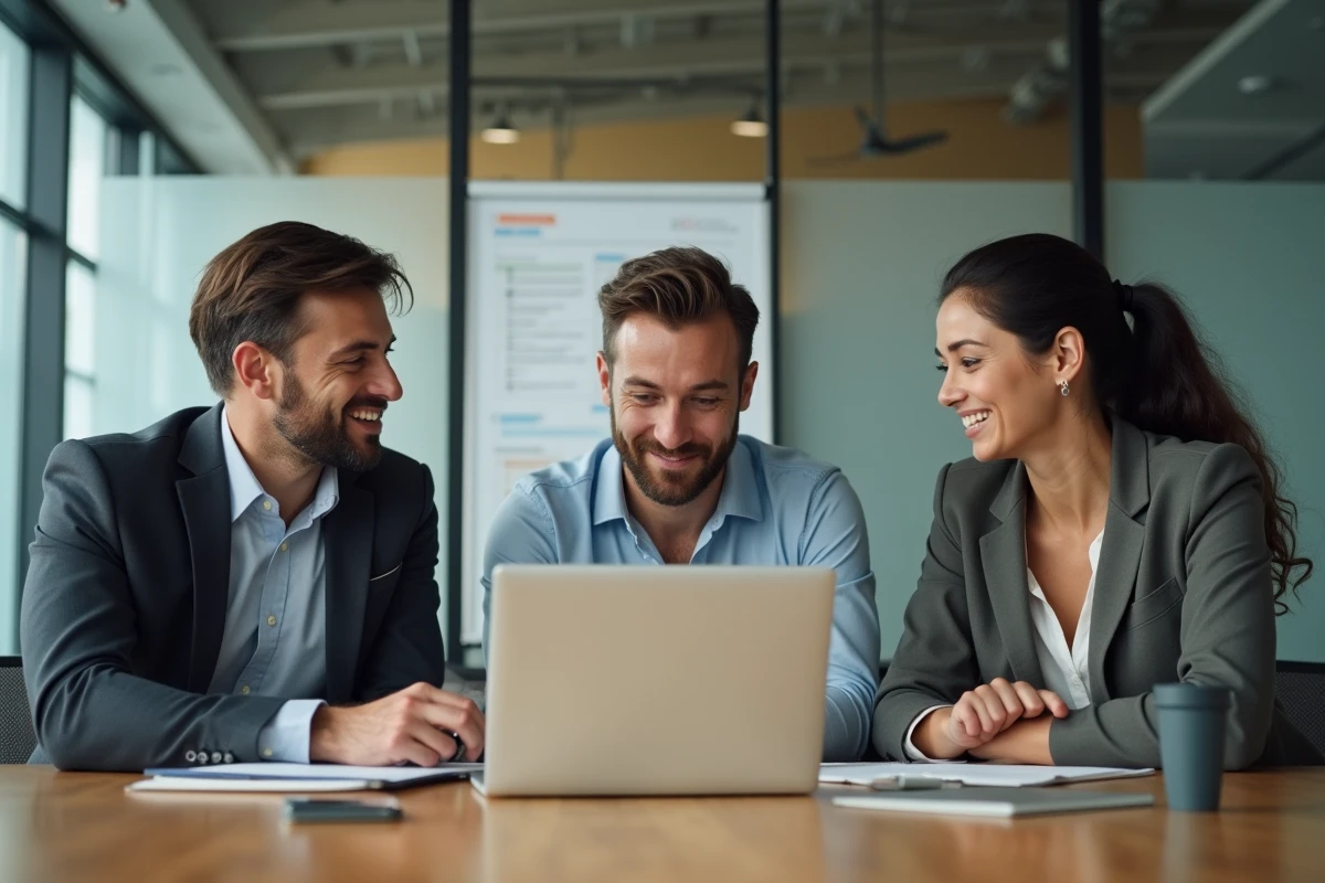 Équipe de collègues collaborant autour d'une solution de messagerie professionnelle en salle de réunion