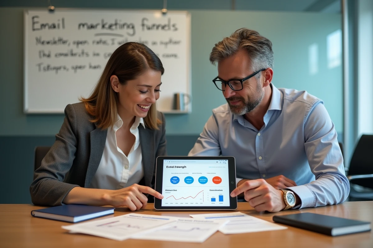 Équipe marketing discutant des performances d'une campagne newsletter pour augmenter les conversions et les ventes