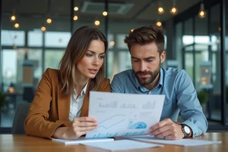 Deux professionnels en réunion analysant un graphique de performance