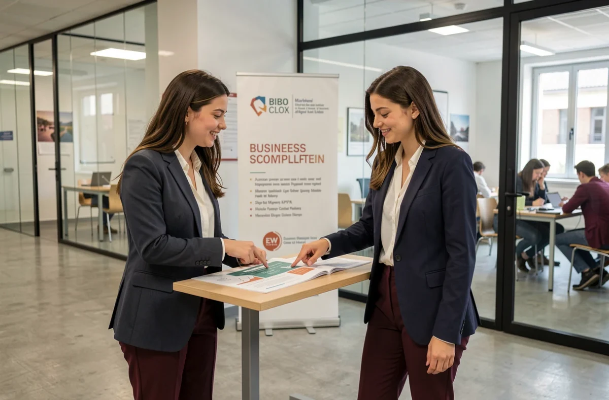 Deux étudiantes travaillant sur un projet marketing devant une salle vitrée à l'ESG Montpellier