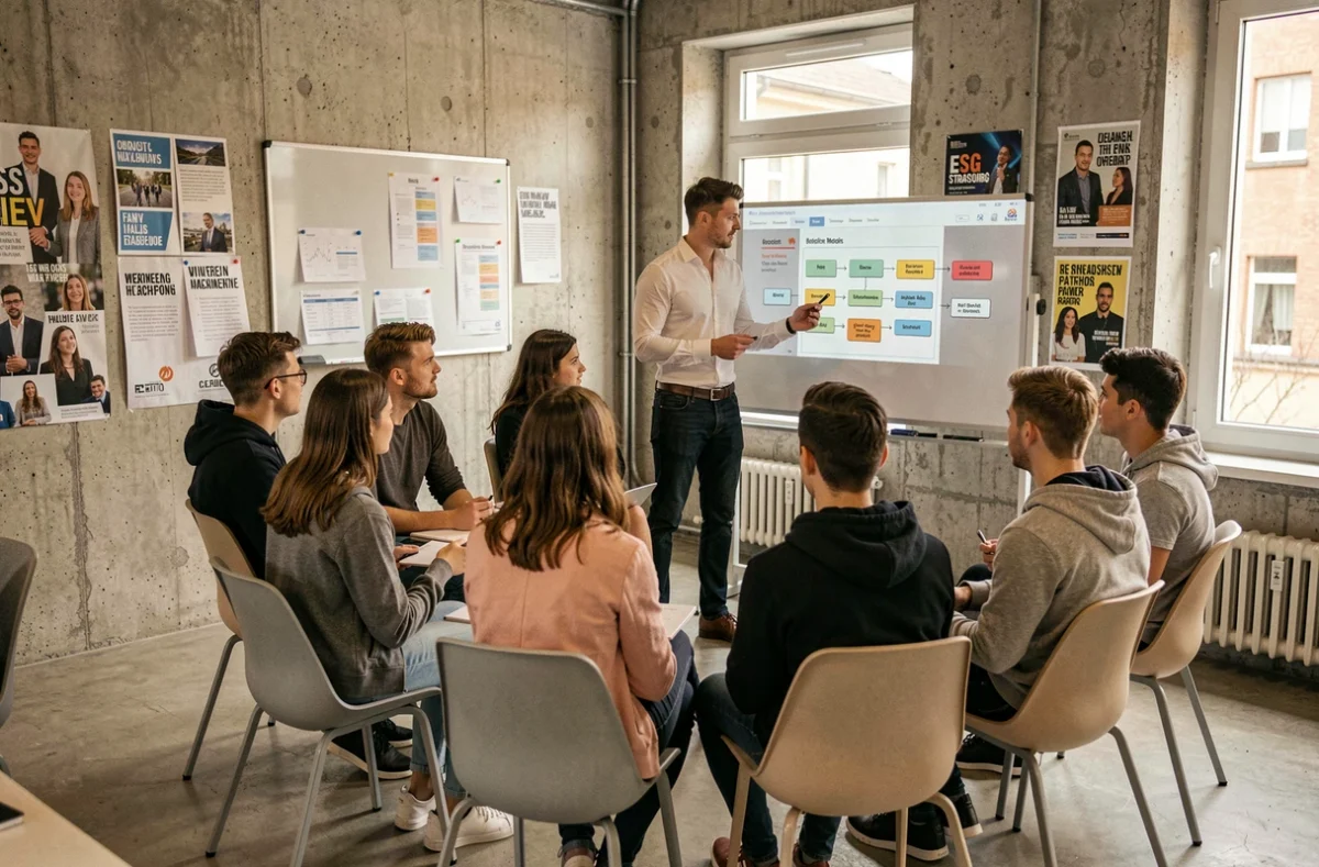 Atelier d'entrepreneuriat à l'ESG Strasbourg avec un formateur devant un tableau interactif et des étudiants en demi-cercle