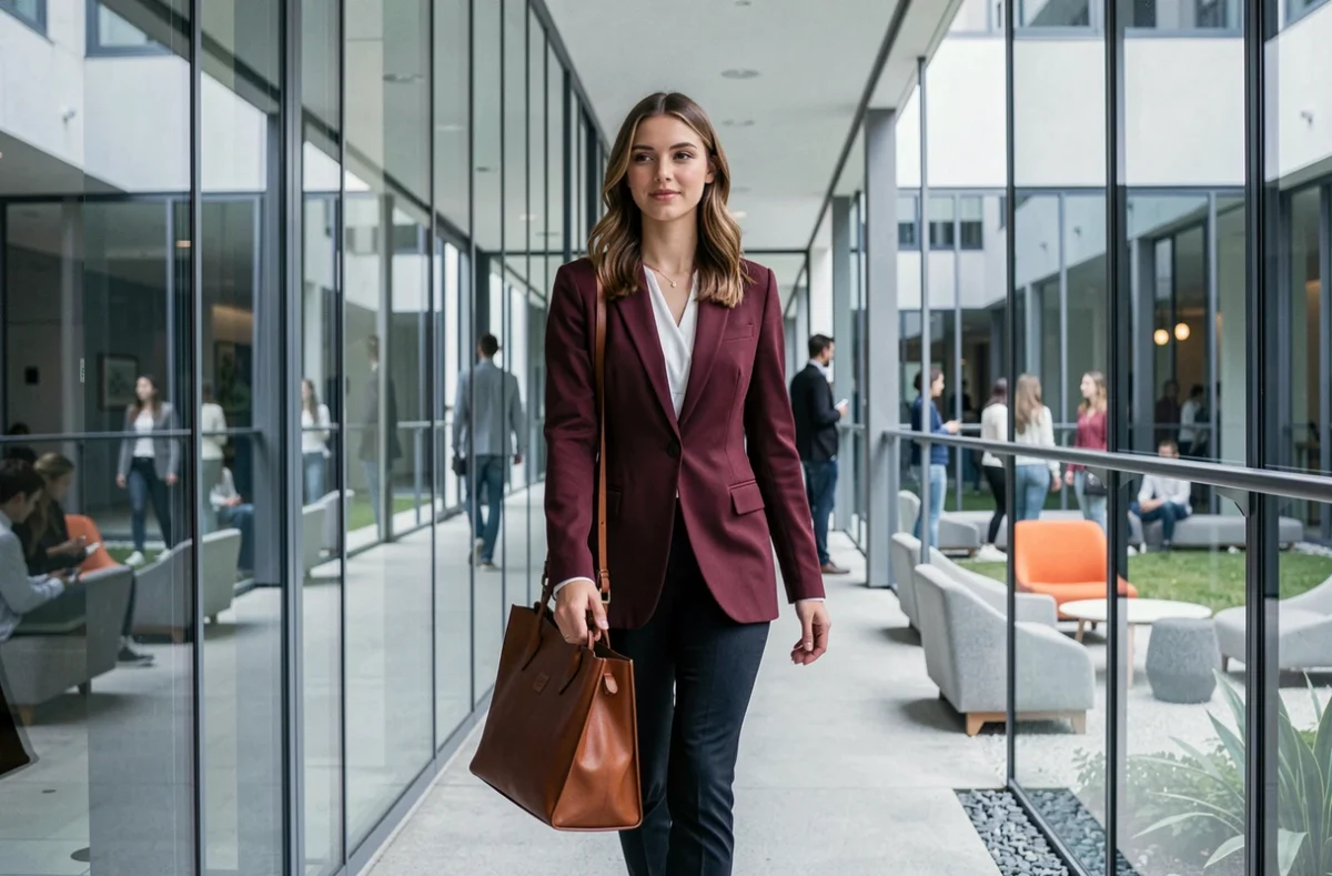 Étudiante de l'ESSCA campus de Strasbourg marchant dans un couloir vitré moderne surplombant une cour intérieure