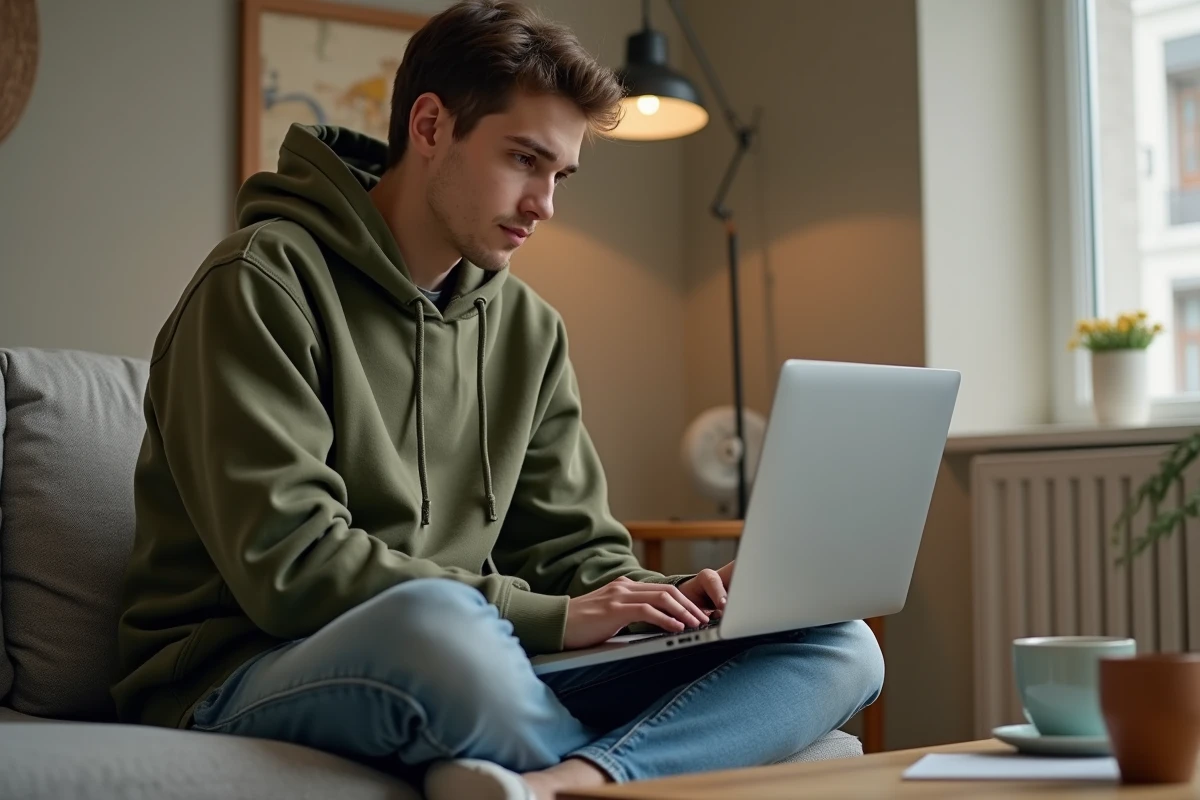 Étudiant accédant à la plateforme Eduservices depuis son salon avec un ordinateur portable