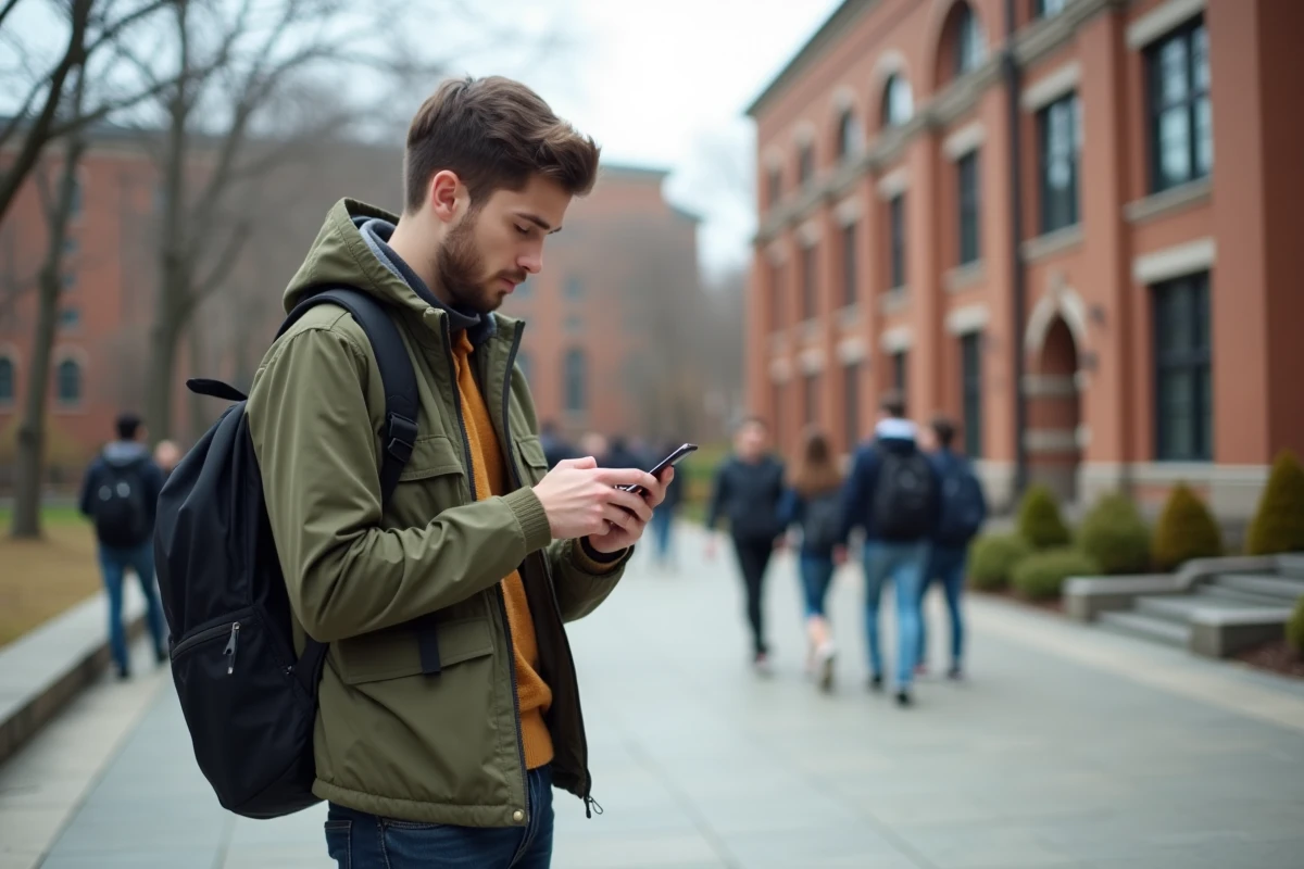 Étudiant consultant son téléphone pour accéder au portail PIA de l'Académie Orléans-Tours en plein air sur un campus