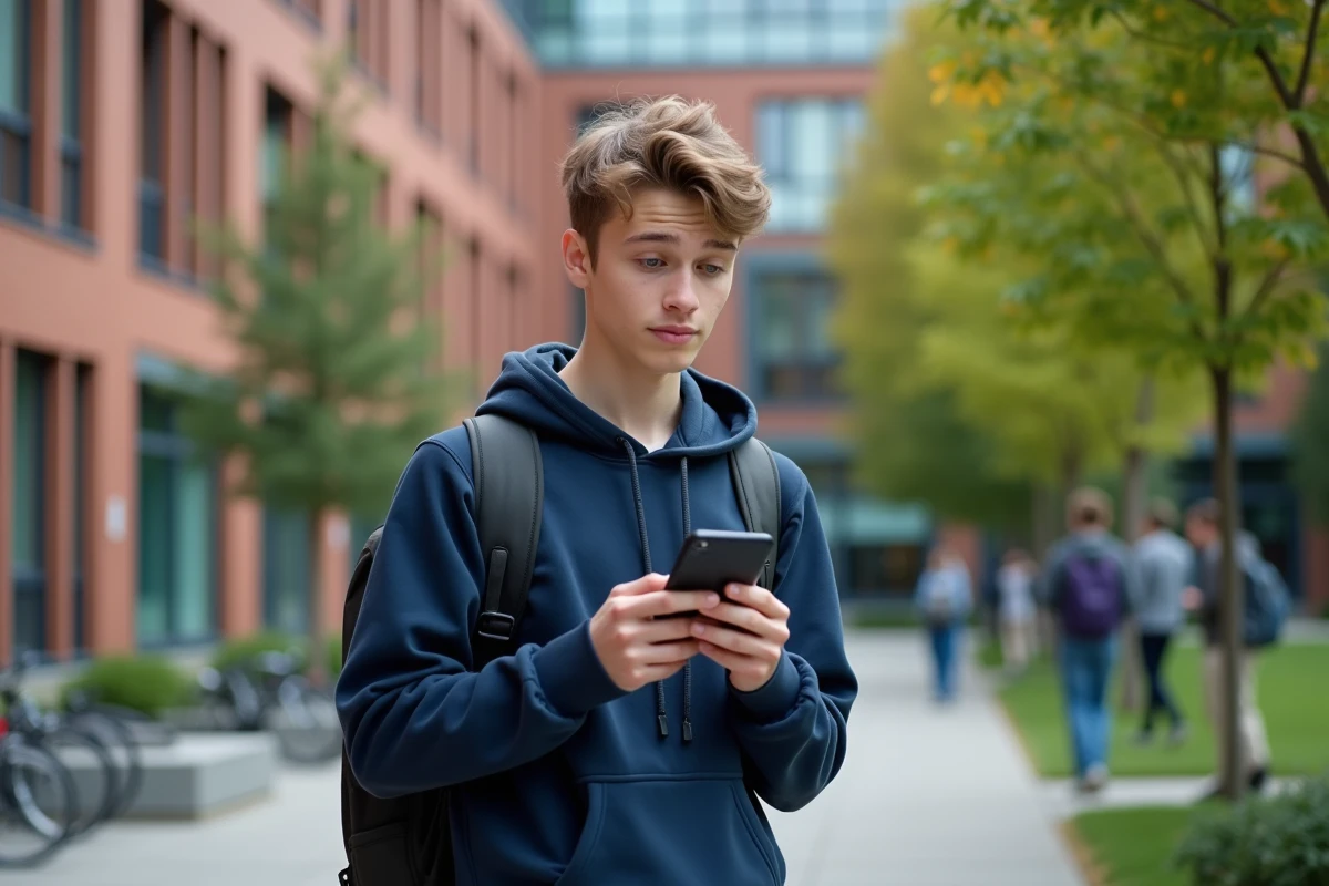 Étudiant utilisant son smartphone dans une zone WiFi extérieure
