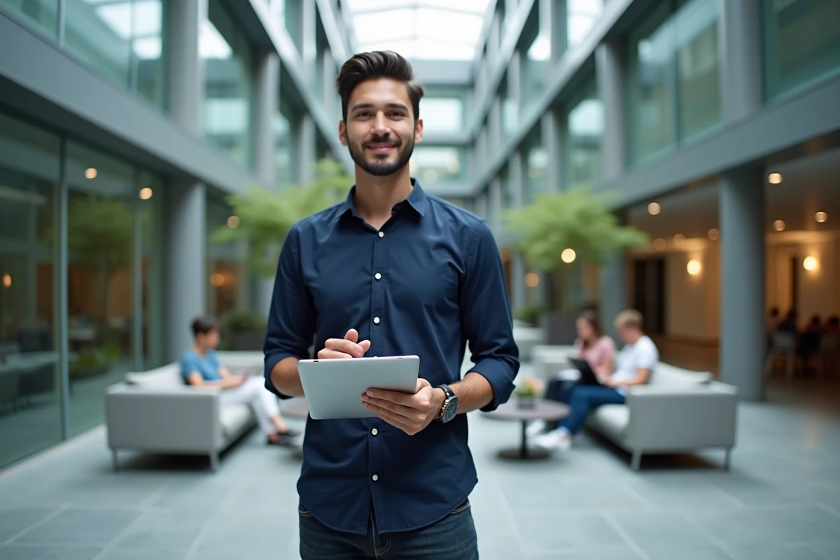 Étudiant consultant son calendrier d'examens sur une tablette numérique dans un espace commun universitaire moderne