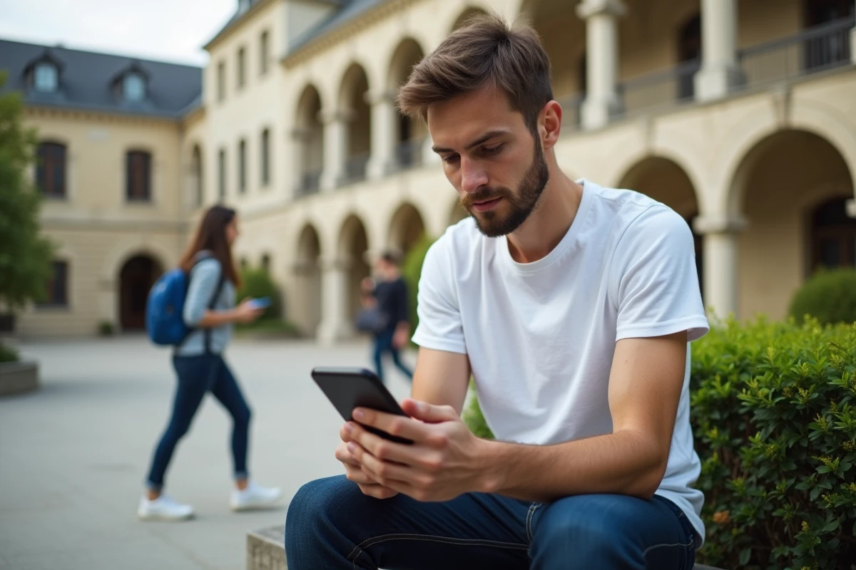 Étudiant utilisant son smartphone pour se connecter de façon sécurisée au VPN de l'université Angers en extérieur sur le campus