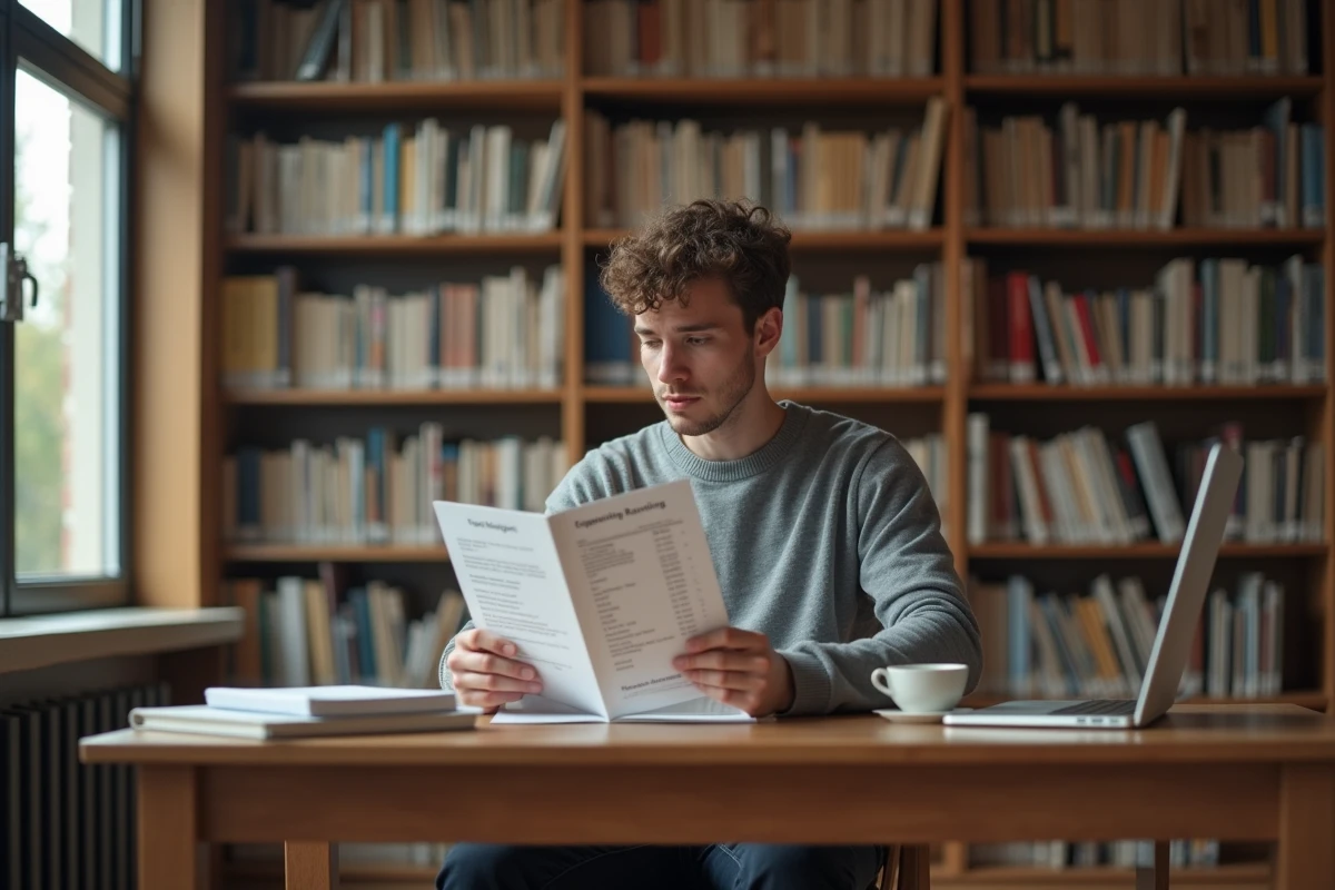 Jeune étudiant consultant un guide de classement des écoles d'ingénieurs dans une bibliothèque universitaire calme