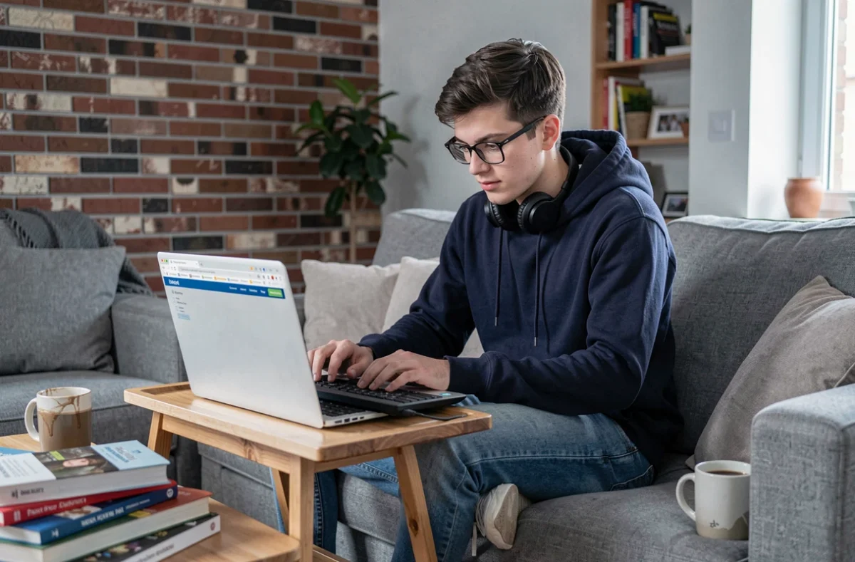 Étudiant masculin en cours à distance sur ordinateur portable depuis son salon avec prise de notes