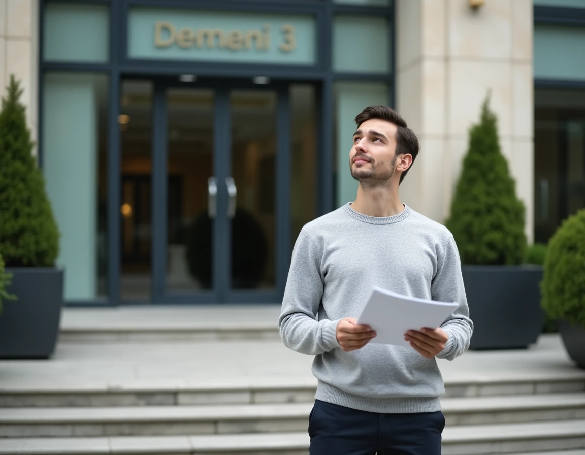 Jeune étudiant devant l'entrée d'une école de commerce française tenant un guide des admissions post-bac