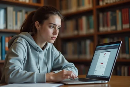 Étudiante frustrée face à une erreur de connexion sur son ordinateur portable dans une bibliothèque universitaire