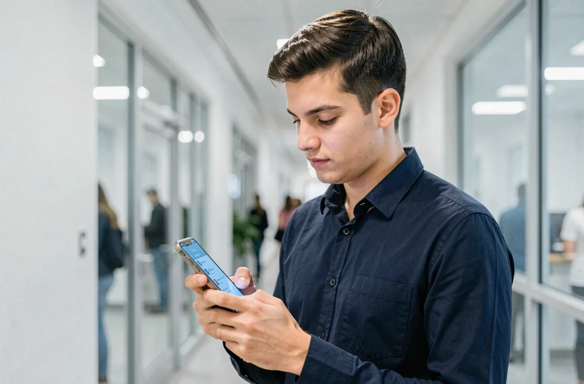 Étudiant consultant son espace personnel Eduservices my campus sur smartphone dans un couloir universitaire